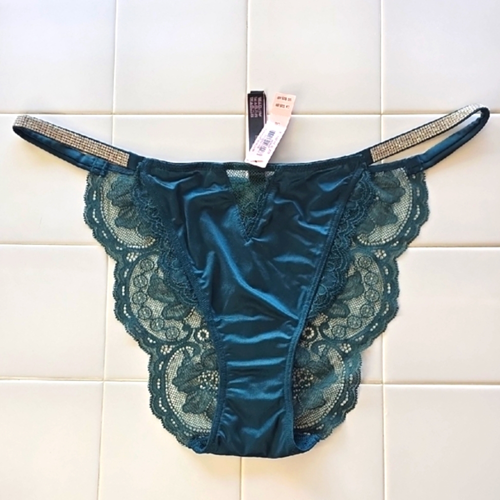 NWT Victoria's Secret Dark Teal Lace BLING Panty Size L